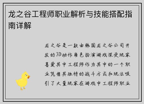 龙之谷工程师职业解析与技能搭配指南详解